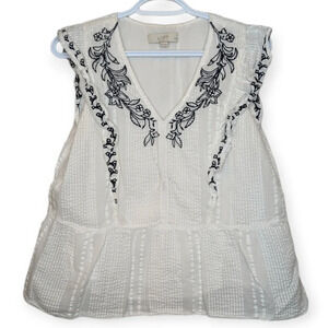 LOFT Petites MP White Sleeveless Blouse Blue  Embroidery Ruffled Detail Women